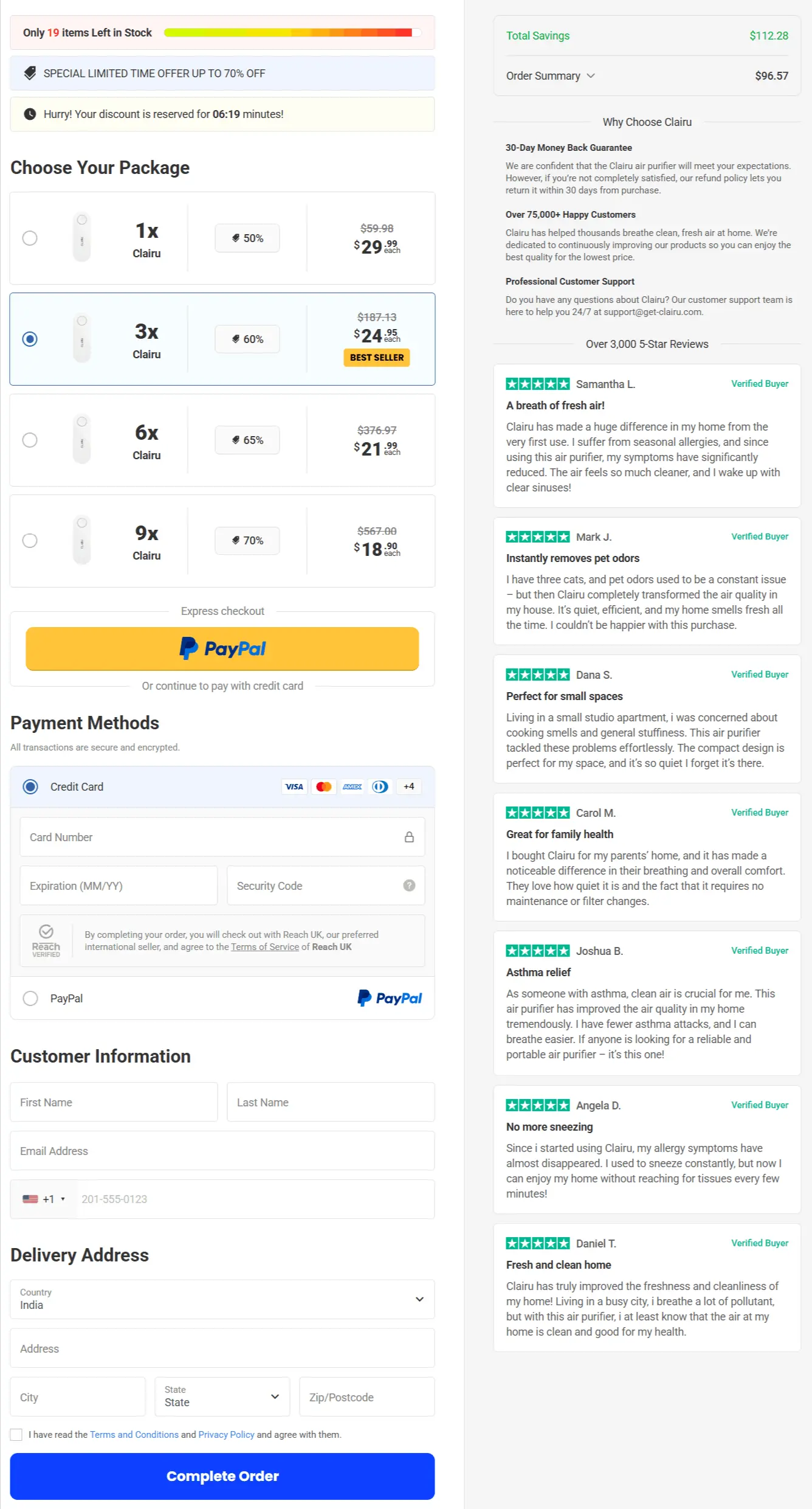 Clairu Air Purifier Secure Checkout Page